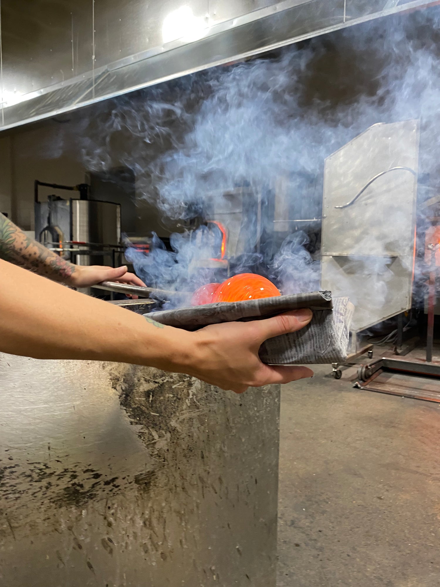 glassblowing glassblower gaffer foci MCGA shaping glass in the hot shop Glass memorial, Ashes in glass, pet memorial, custom color matched tribute, giveaway, free, glass orb, paperweight, tranquil swirl, infinity staircase double helix