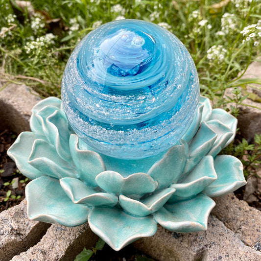 Elegant glass memorial piece in aquamarine and sky blue honoring a beloved pet
