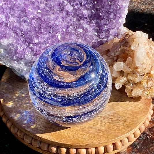 Aventurine blue and gold sparkle personalized glass sphere with embedded cremains of a loved one