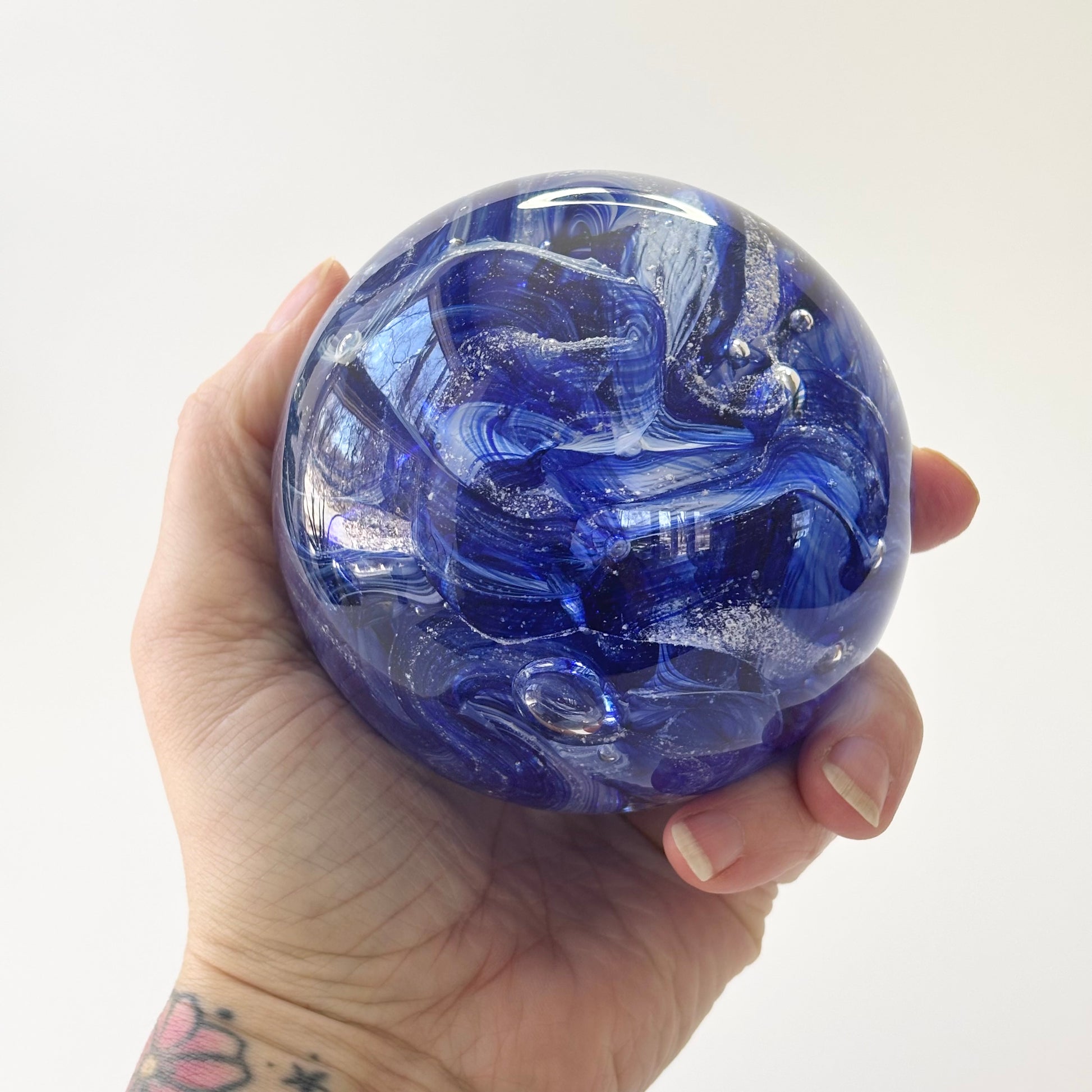 Glass keepsake memorial in aventurine blue and white ribbon twist ash infused 