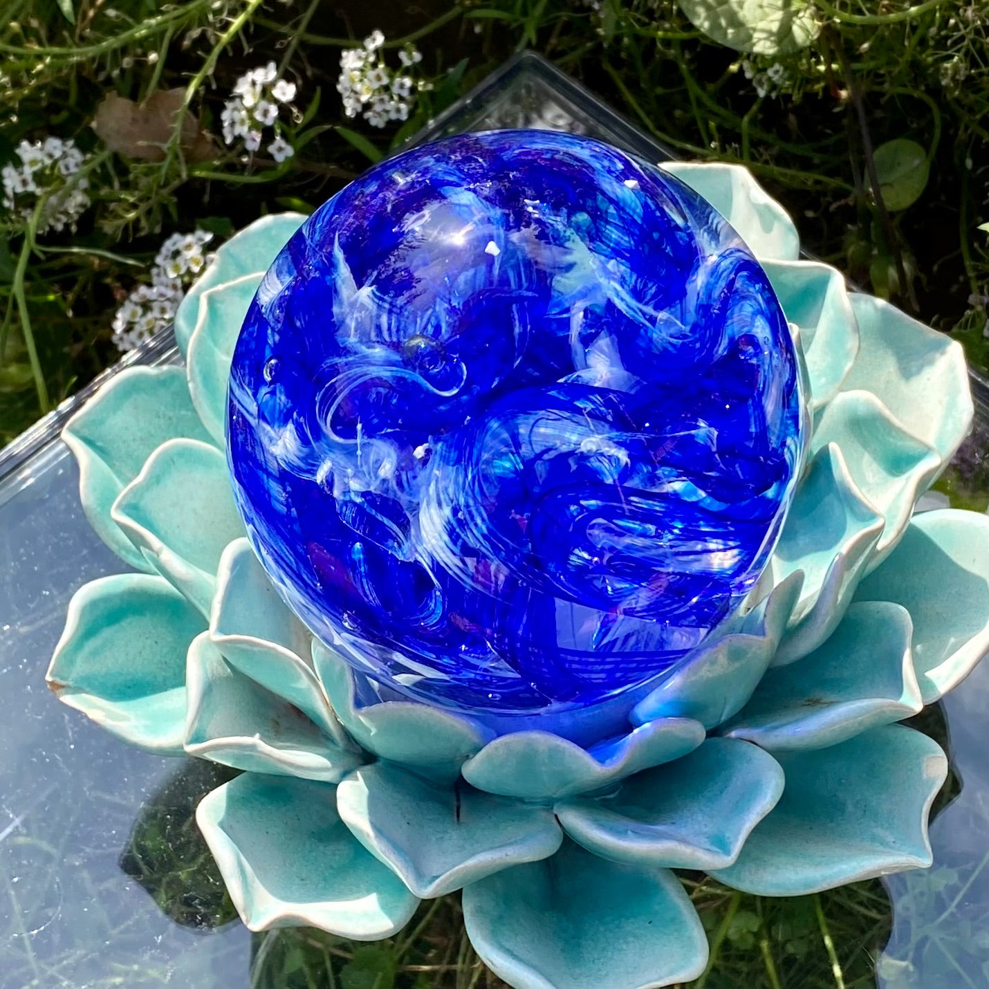 blue and white sparkle ribbon twist glass memorial 
