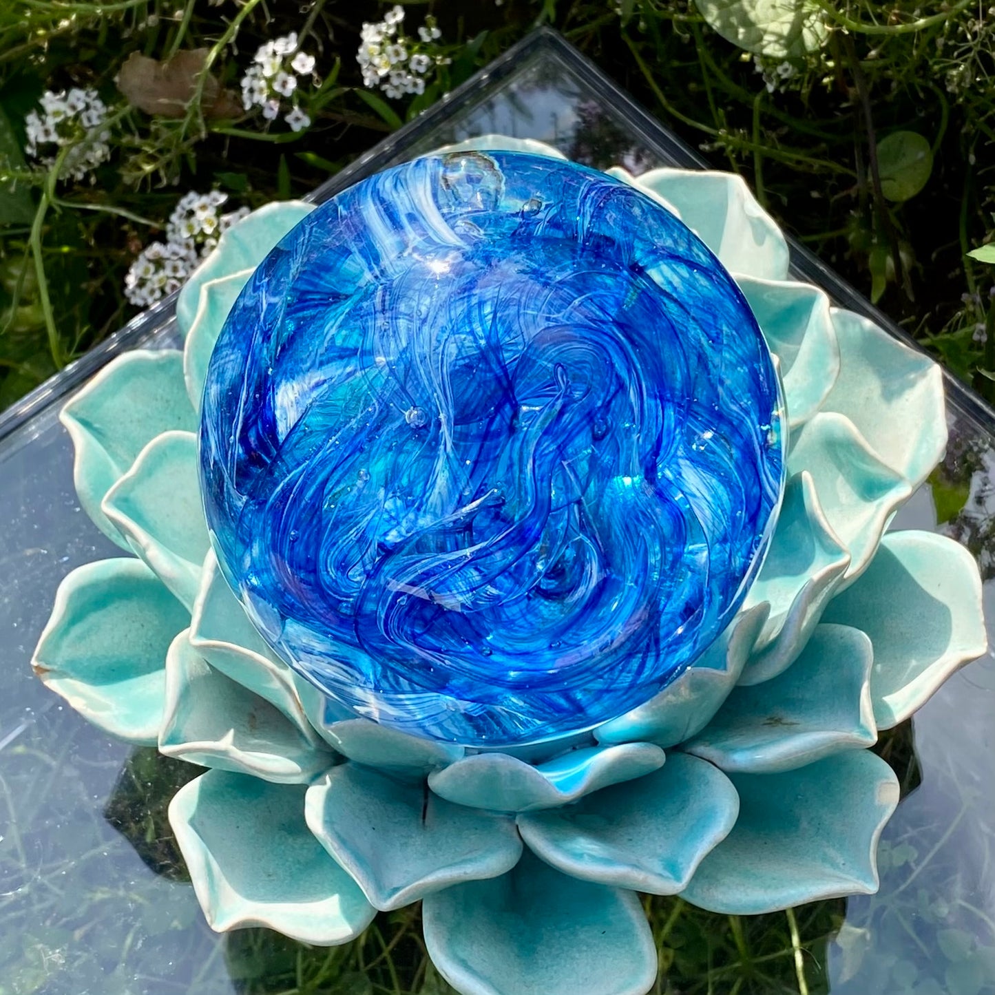 aquamarine blue sparkle ribbon twist glass memorial with ashes 