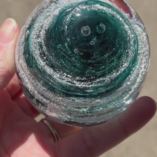 Mini ash infused keepsake with infinity staircase swirl in teal and aventurine shimmer 